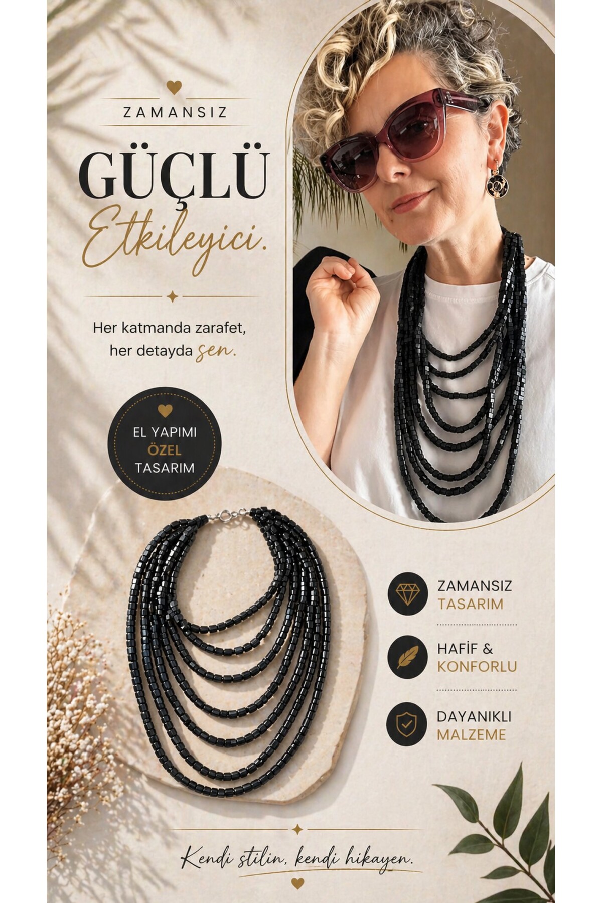 Siyah Tahta Otantik Sekiz Sıra Kolye