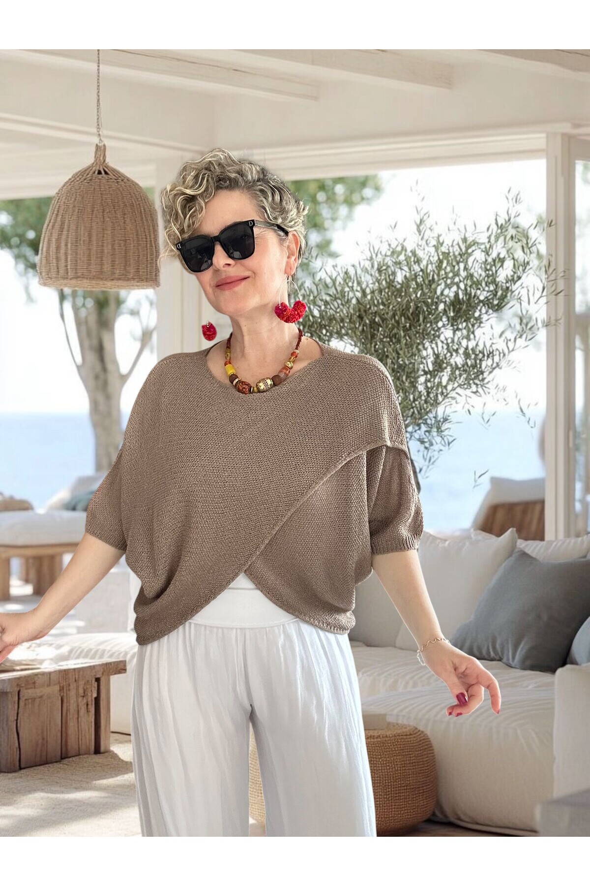 Sopra Çapraz Kesim Salaş Merserize Bluz Vizon