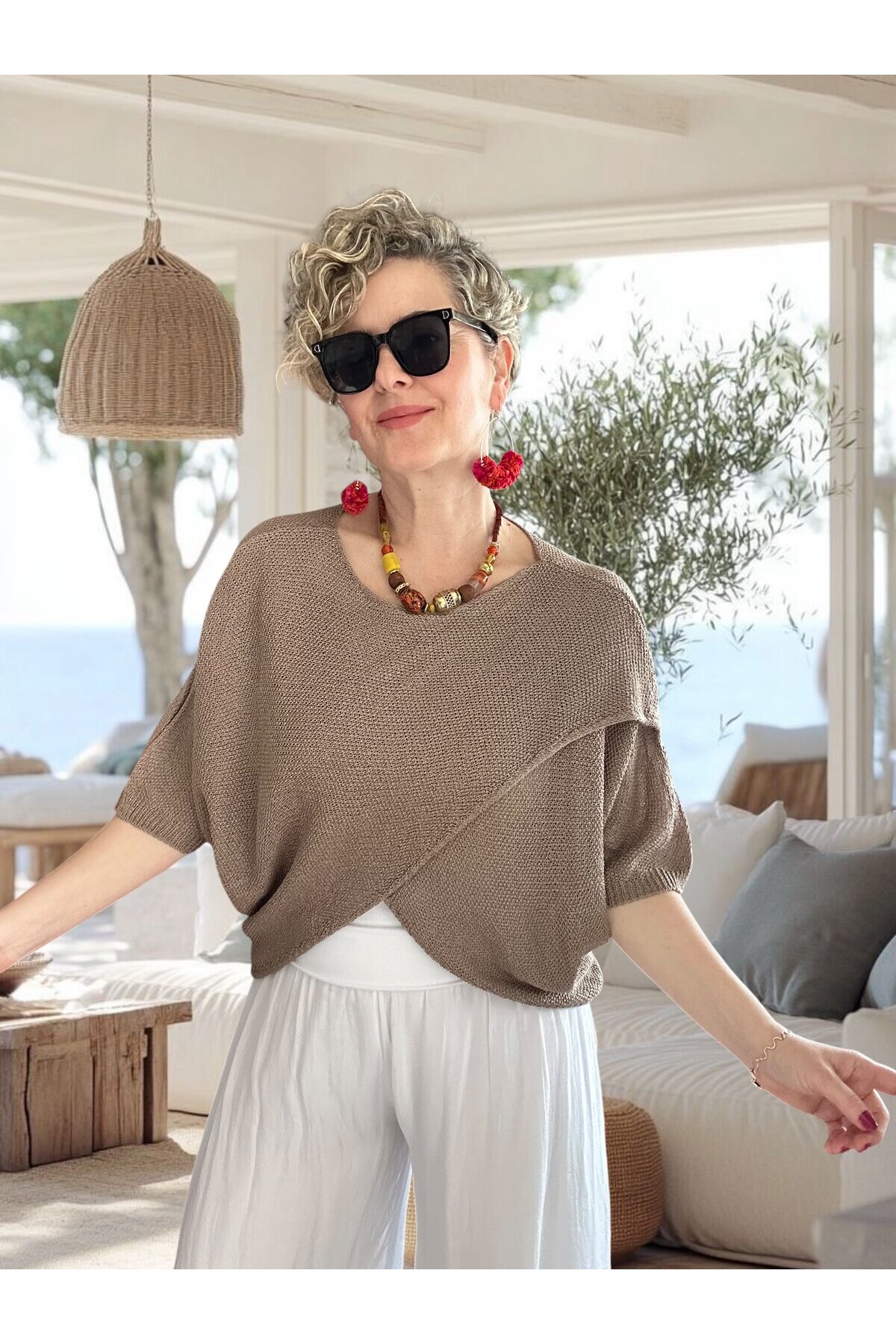 Sopra Çapraz Kesim Salaş Merserize Bluz Vizon