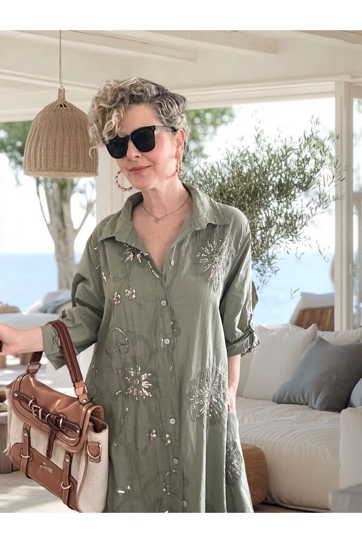 Sorbe İtalyan Pul Detaylı Gömlek  Elbise Kap Military