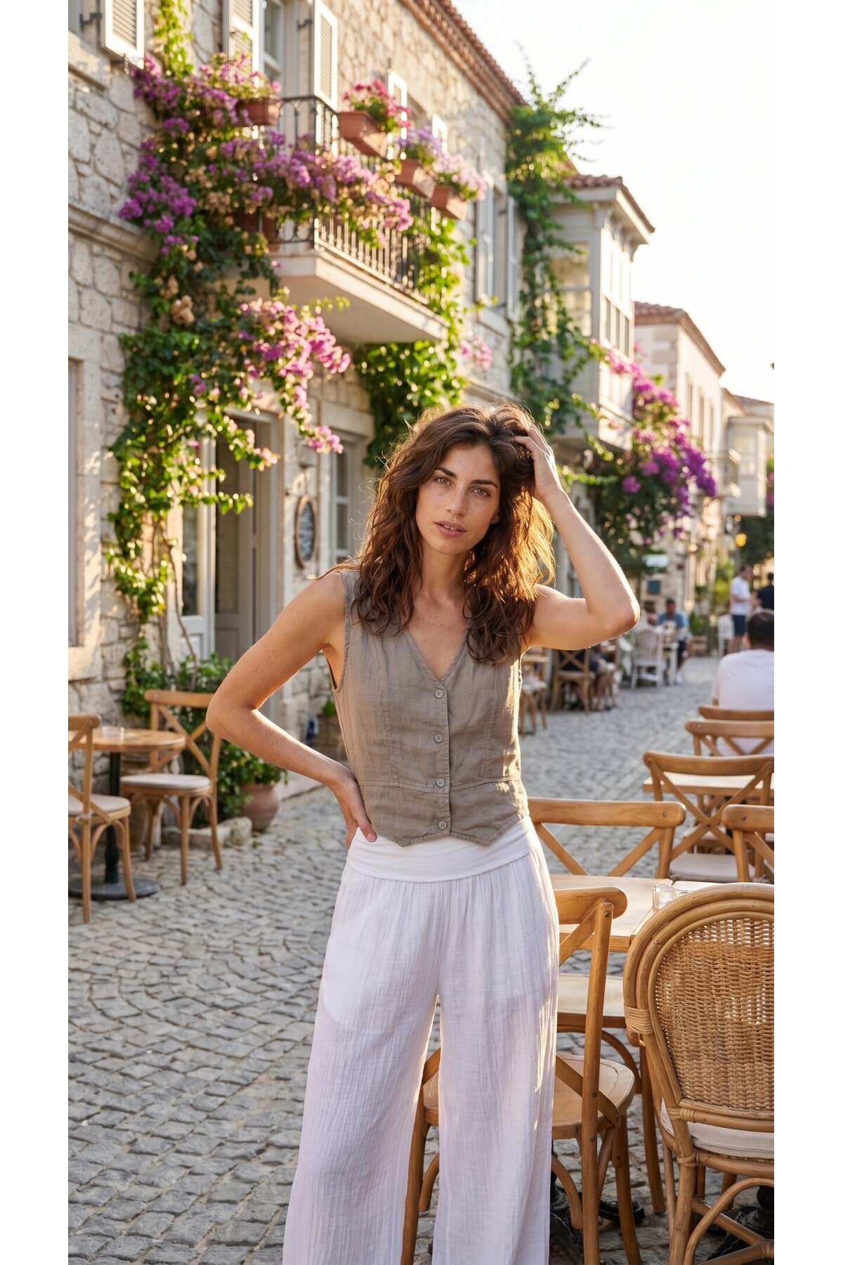 Terra %100 Linen Tasarım Düğmeli Yelek Fango