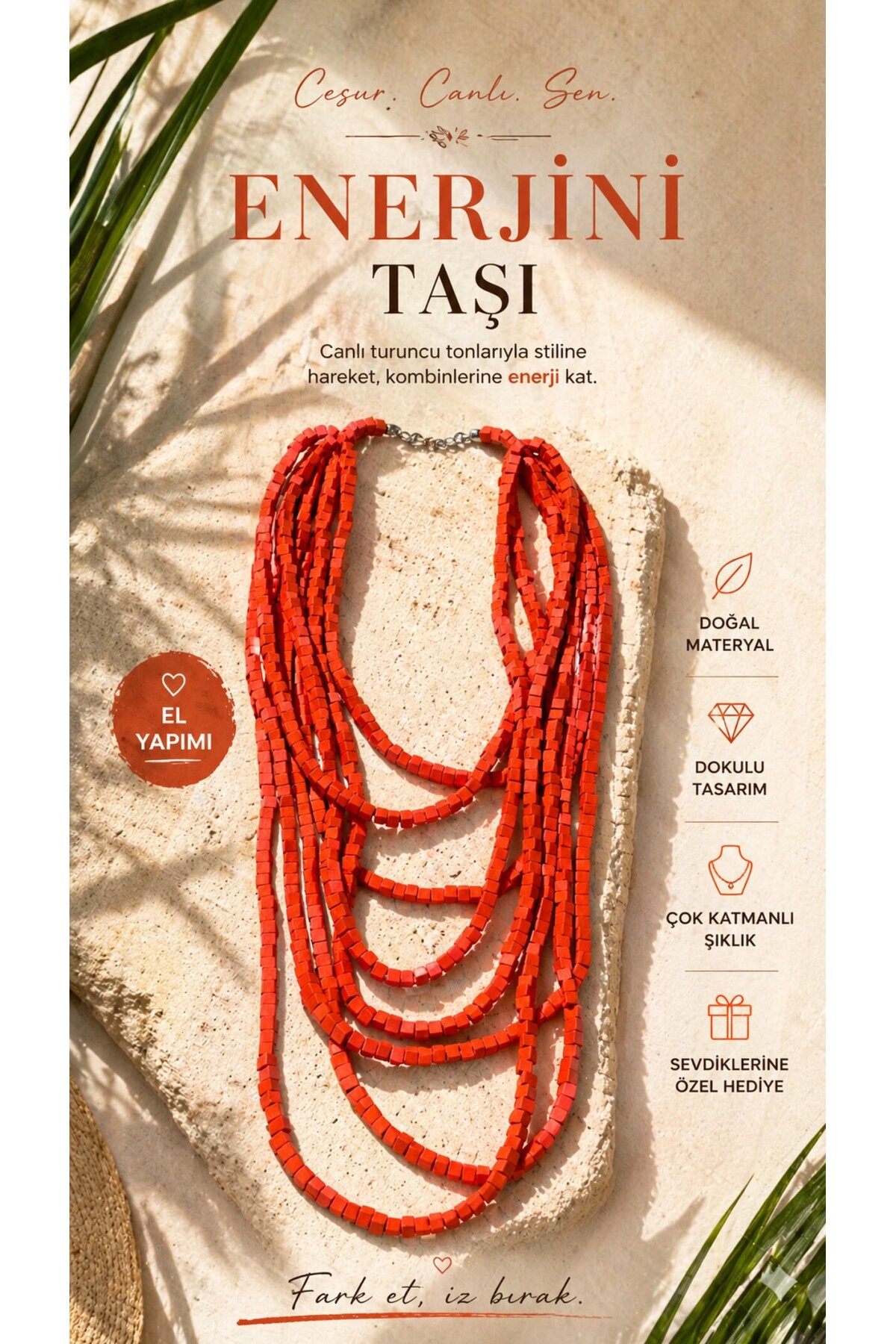 Turuncu Tahta Otantik Sekiz Sıra Kolye