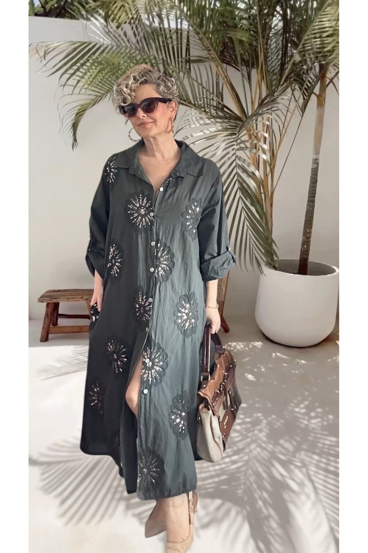 Vello İtalyan Pul Detaylı Gömlek  Elbise Kap Antrasit