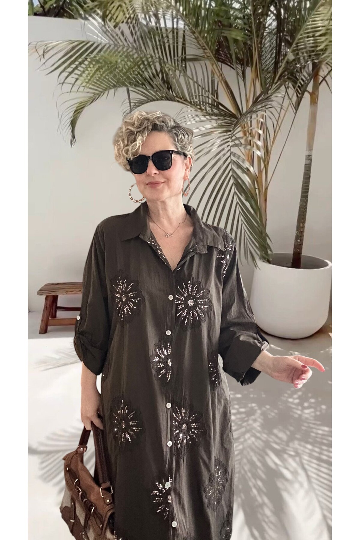 Vello İtalyan Pul Detaylı Gömlek  Elbise Kap Kahve