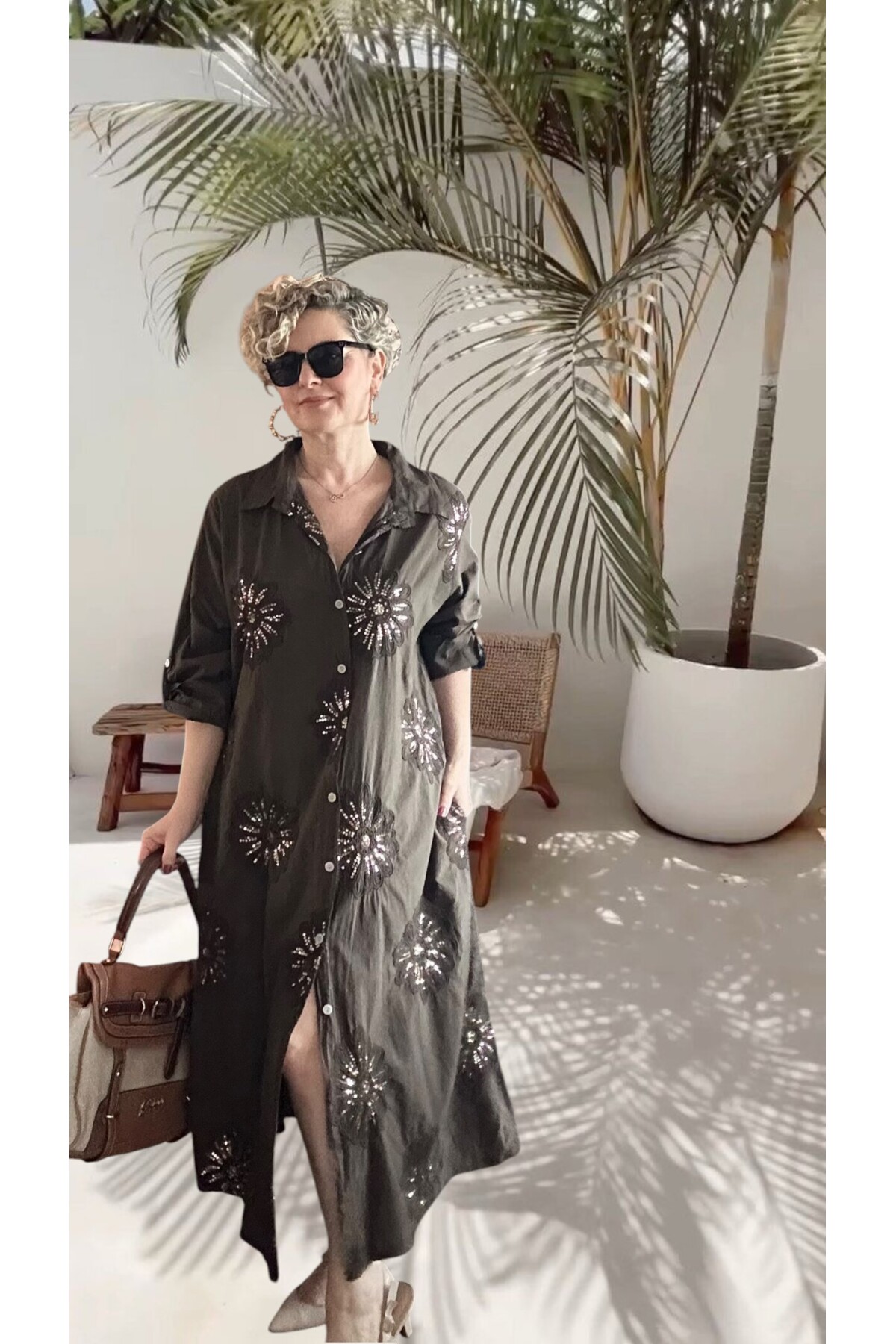 Vello İtalyan Pul Detaylı Gömlek  Elbise Kap Kahve