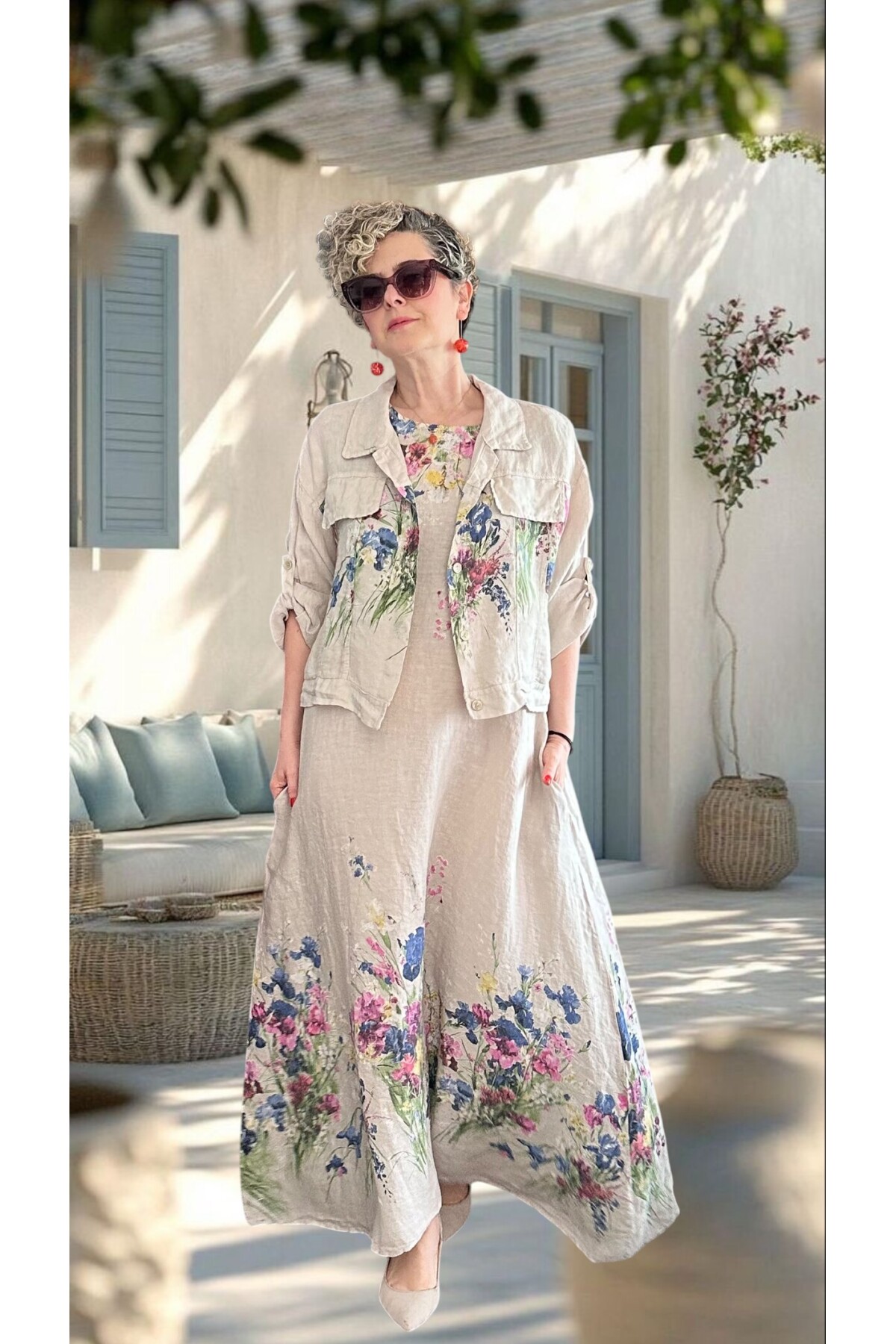 Venno | İthal %100 Linen Ceket & Kolsuz Elbise Takımı Bej