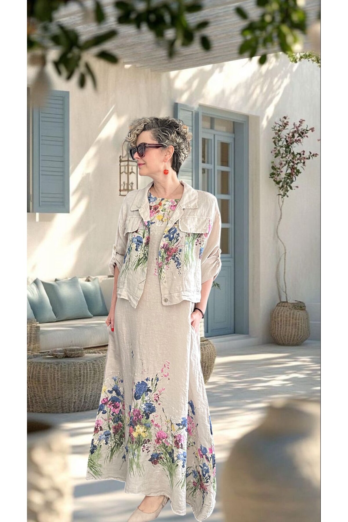 Venno | İthal %100 Linen Ceket & Kolsuz Elbise Takımı Bej