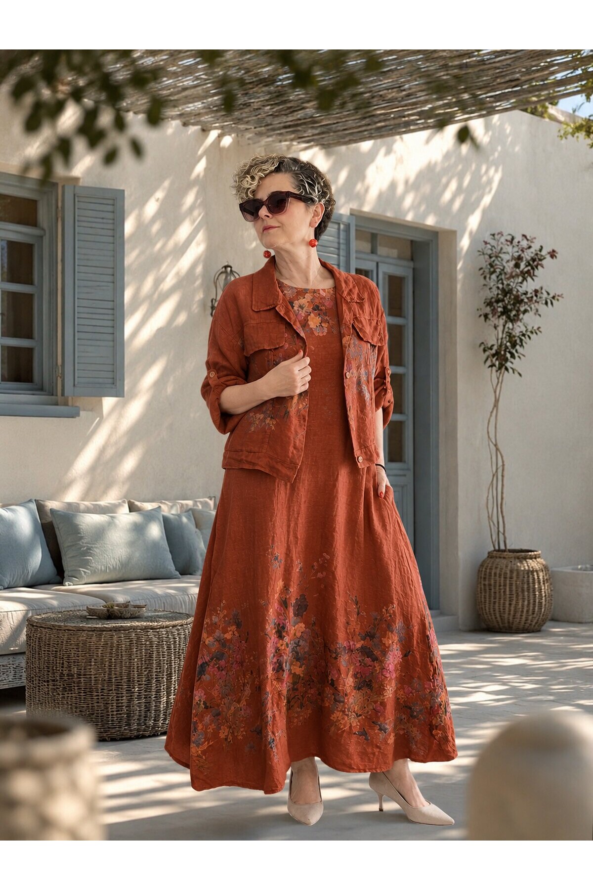 Venno | İthal %100 Linen Ceket & Kolsuz Elbise Takımı Tarçın