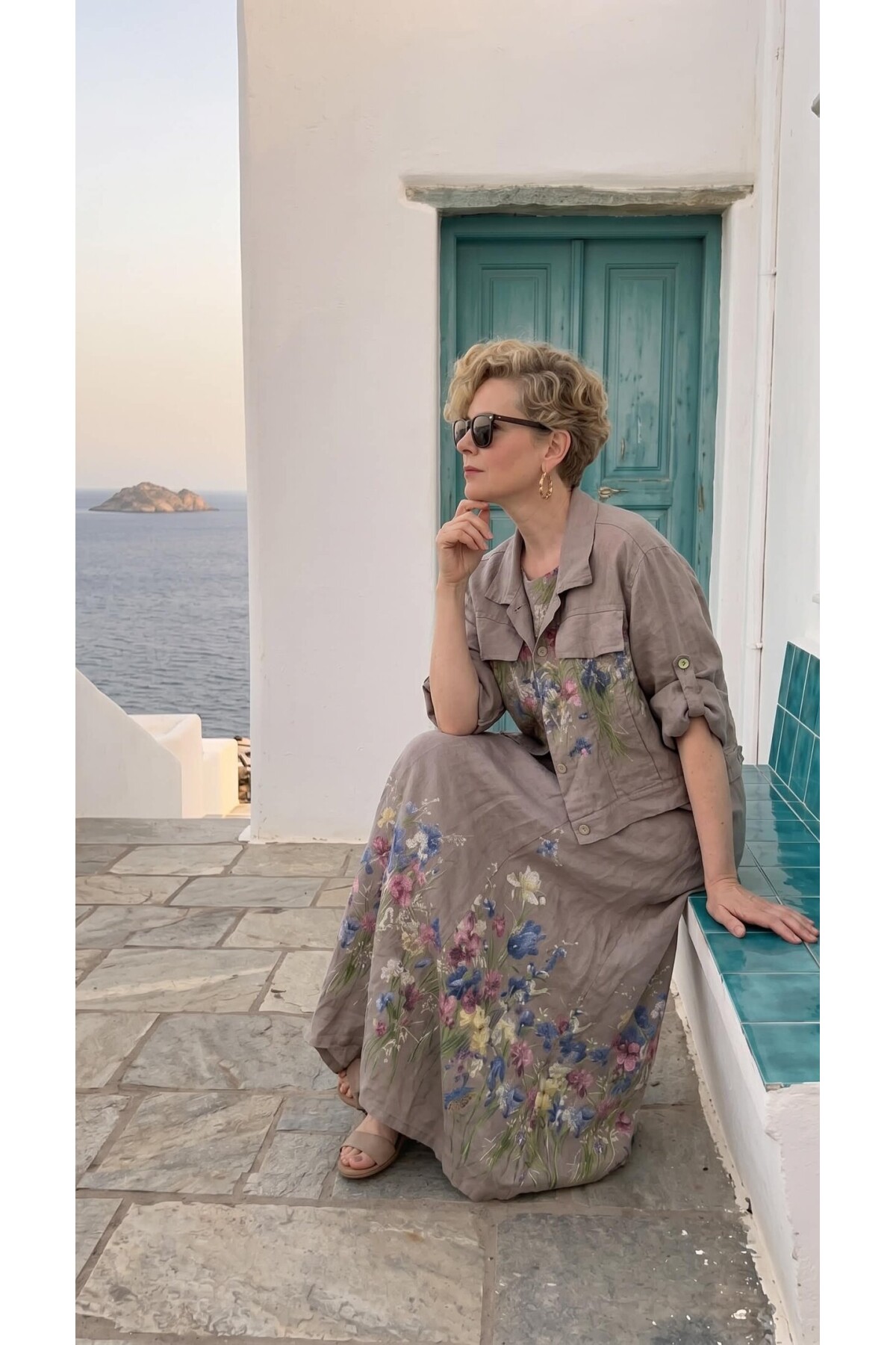 Venno | İthal %100 Linen Ceket & Kolsuz Elbise Takımı Vizon