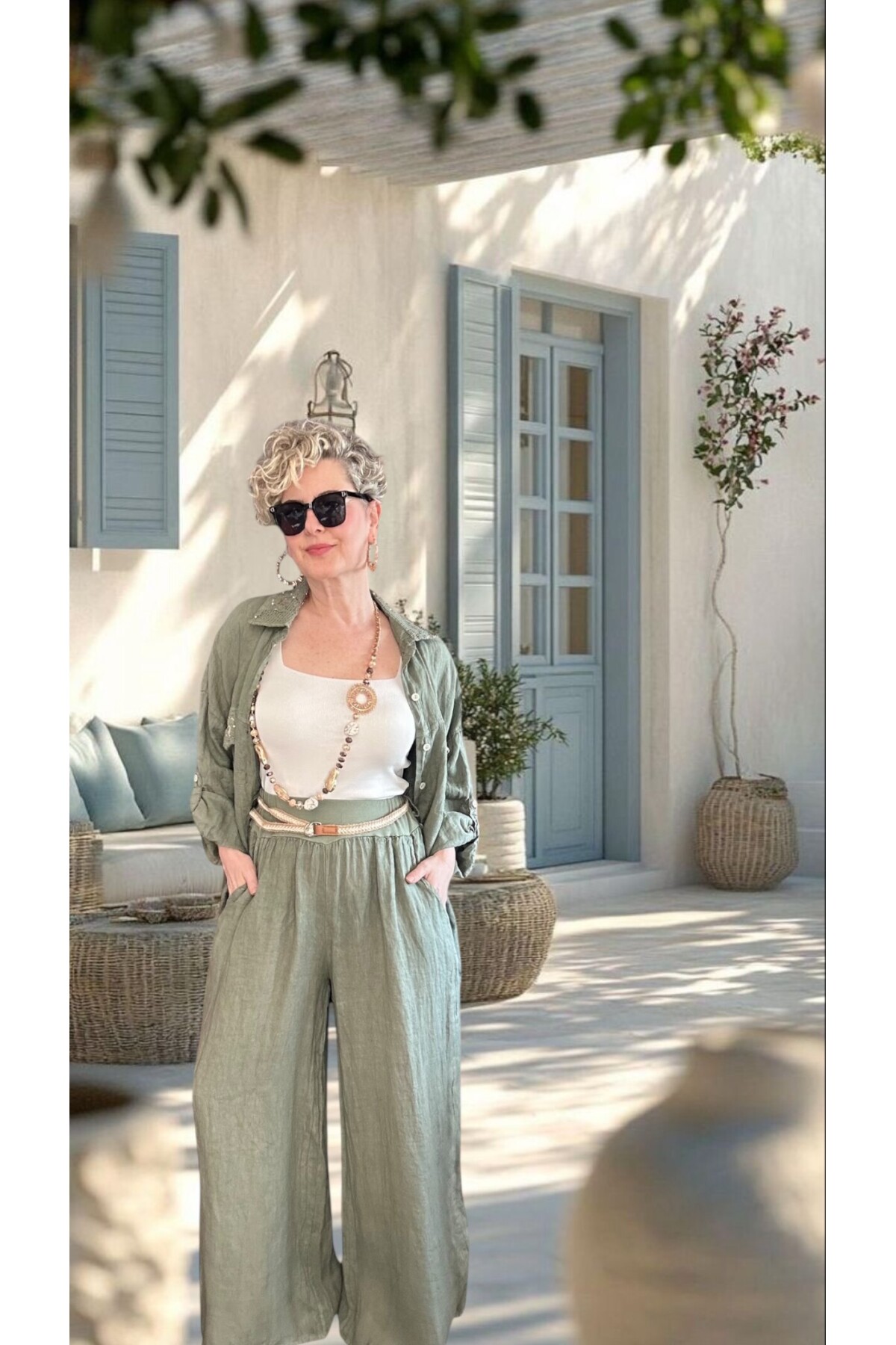 Verda İtalyan File Detaylı Payet İşlemeli Keten Takım Haki