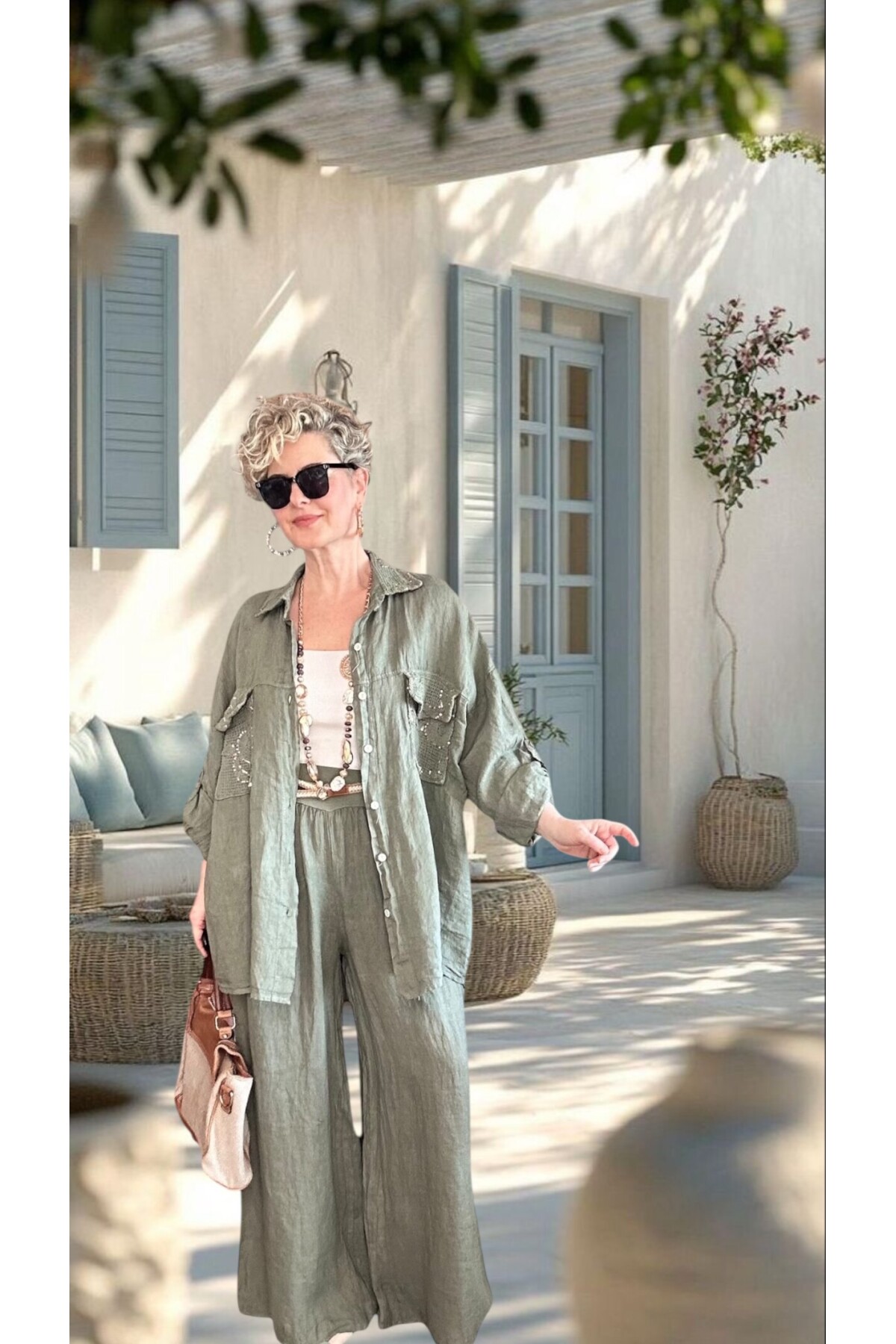 Verda İtalyan File Detaylı Payet İşlemeli Keten Takım Haki