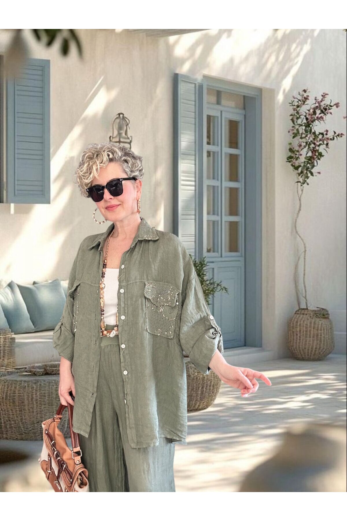 Verda İtalyan File Detaylı Payet İşlemeli Keten Takım Haki