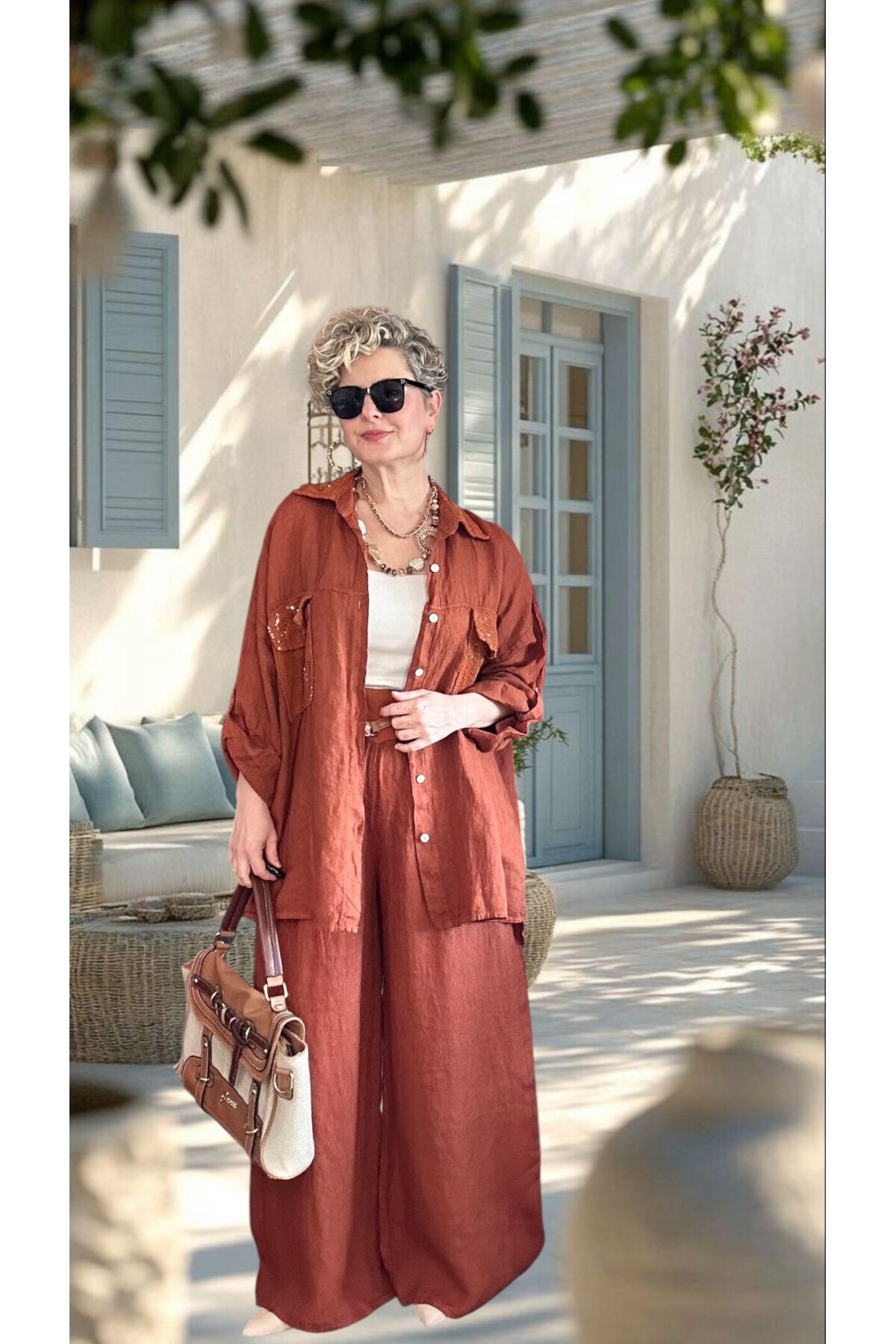 Verda İtalyan File Detaylı Payet İşlemeli Keten Takım Kiremit