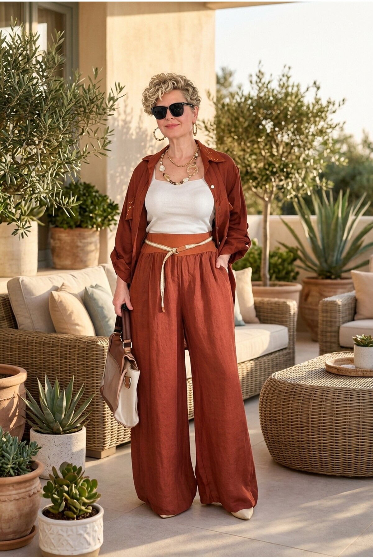 Verda İtalyan File Detaylı Payet İşlemeli Keten Takım Kiremit