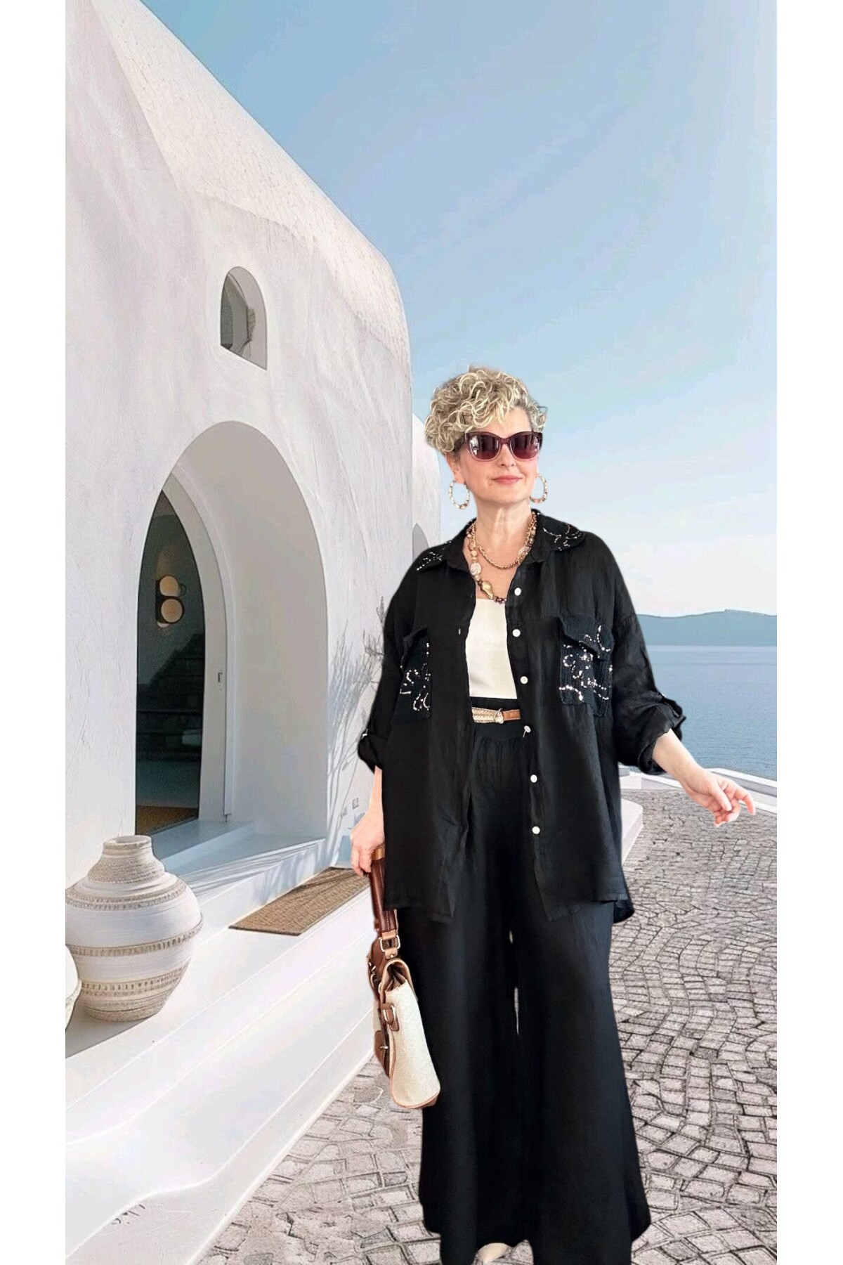 Verda İtalyan File Detaylı Payet İşlemeli Keten Takım Siyah