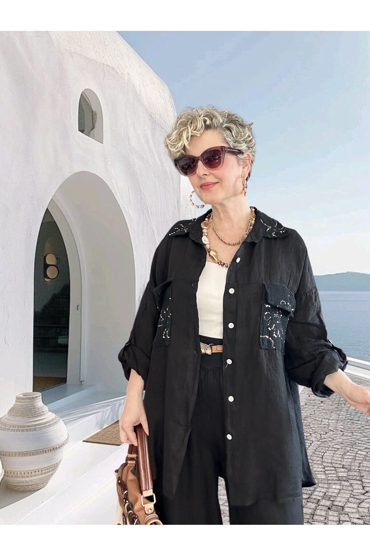 Verda İtalyan File Detaylı Payet İşlemeli Keten Takım Siyah