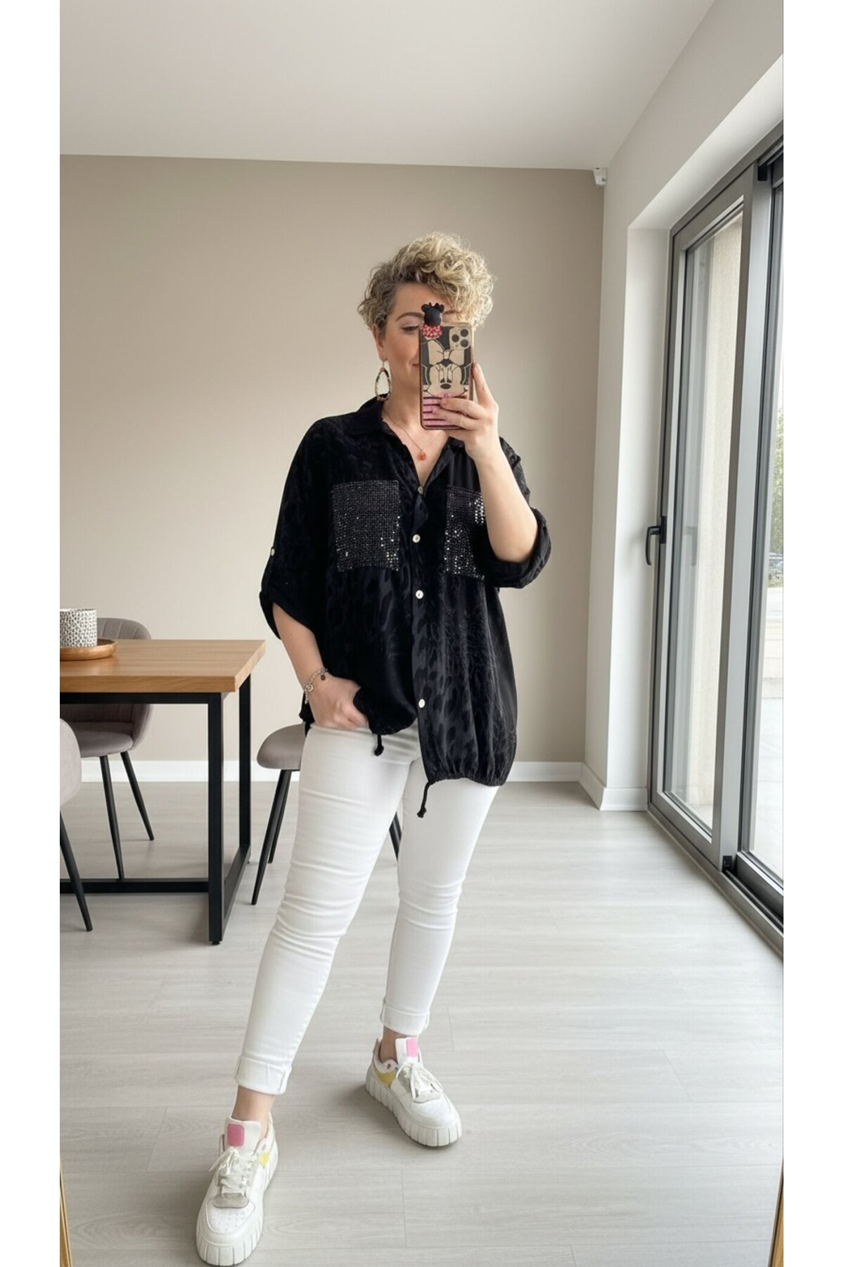 Vespa Cep Pul Detaylı Desenli Tasarım Gömlek Nero