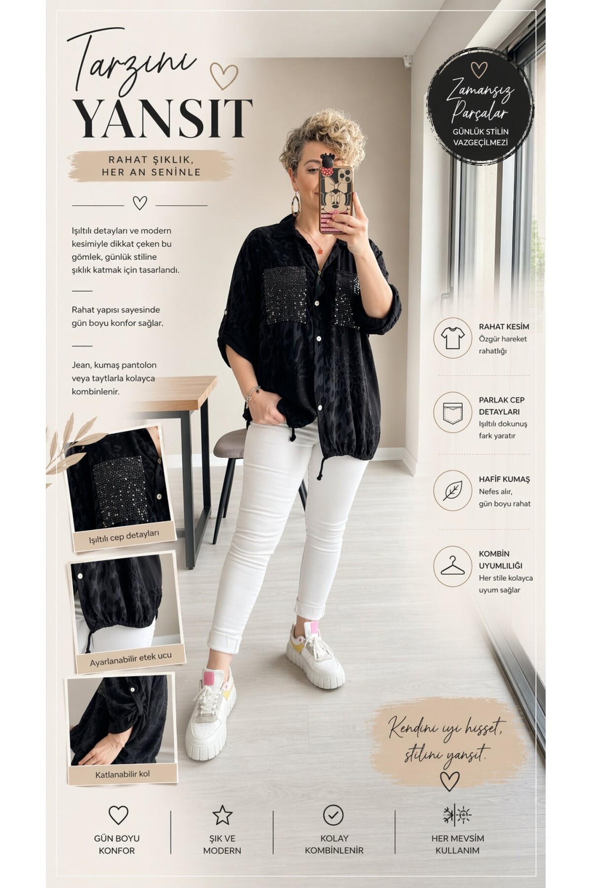 Vespa Cep Pul Detaylı Desenli Tasarım Gömlek Nero