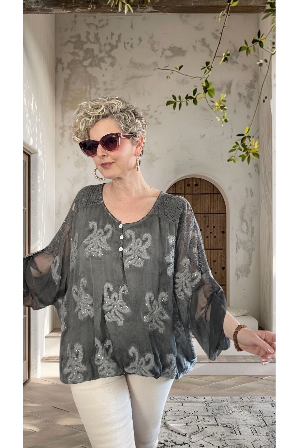 Vessa İtalyan Seri Nakışlı Premium İpek Bluz Antrasit