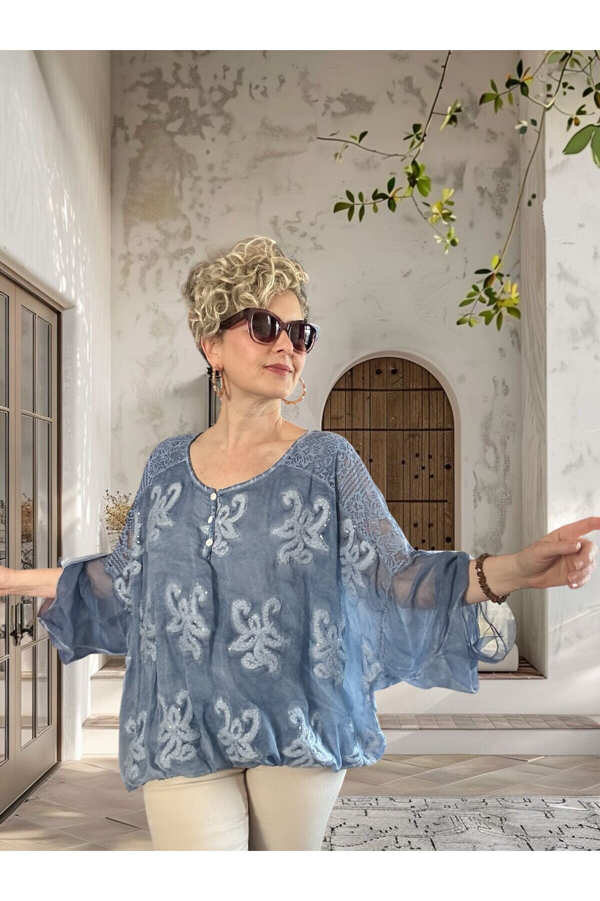 Vessa İtalyan Seri Nakışlı Premium İpek Bluz Mavi