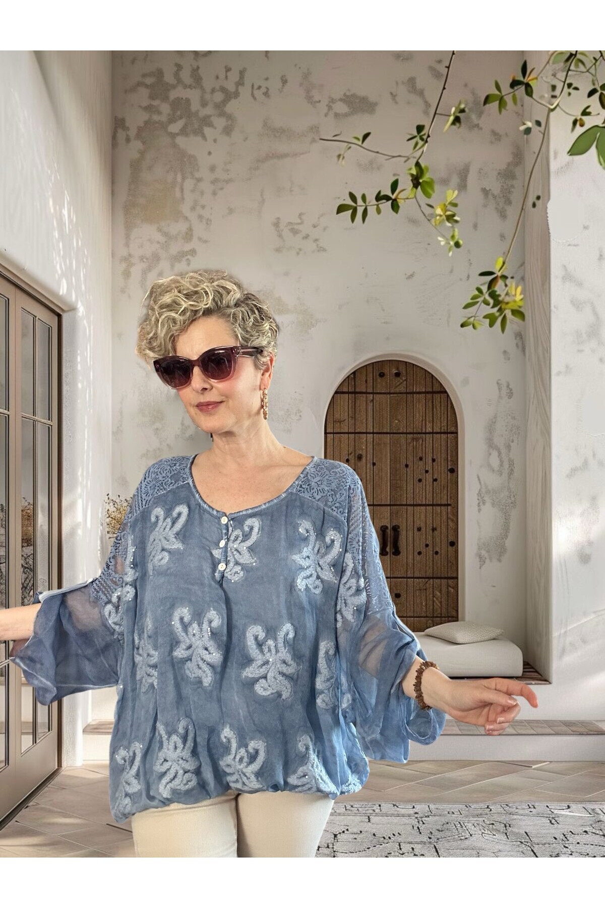 Vessa İtalyan Seri Nakışlı Premium İpek Bluz Mavi