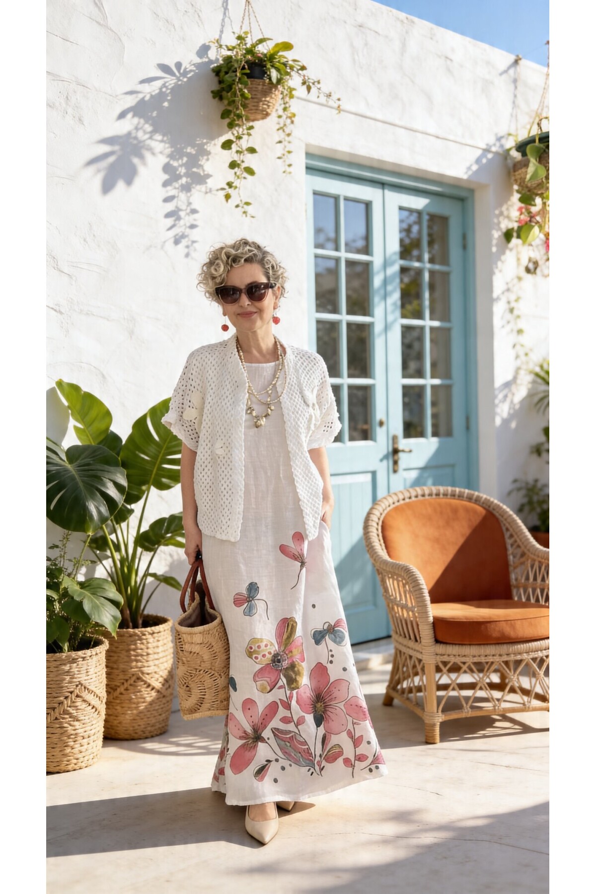 Villa İthal %100 Keten Elbise & Örgü Hırka Takım Beyaz