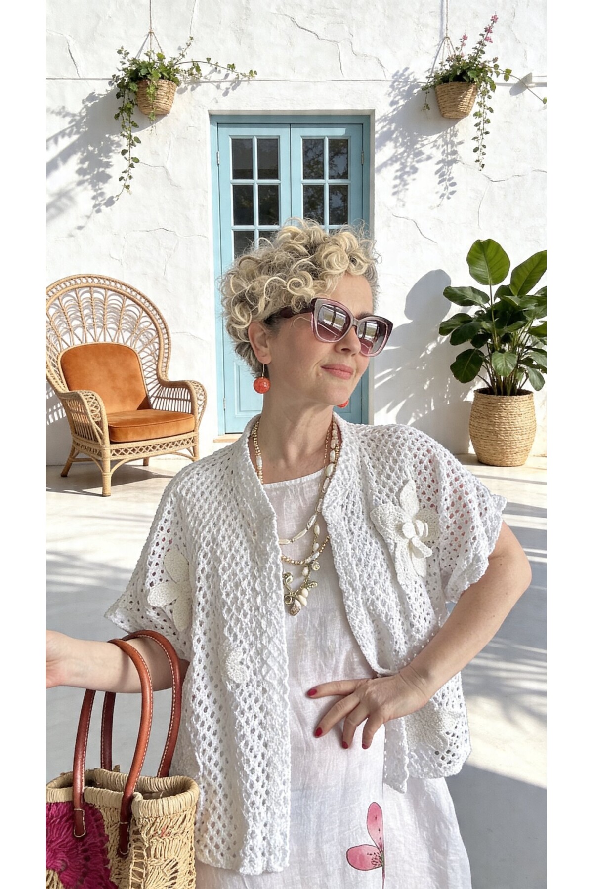 Villa İthal %100 Keten Elbise & Örgü Hırka Takım Beyaz