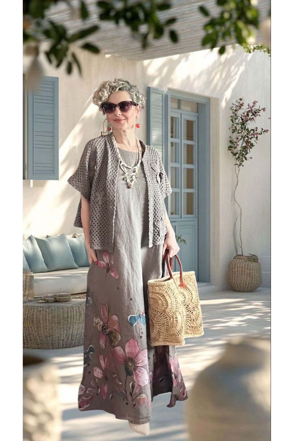 Villa İthal %100 Keten Elbise & Örgü Hırka Takım Fango