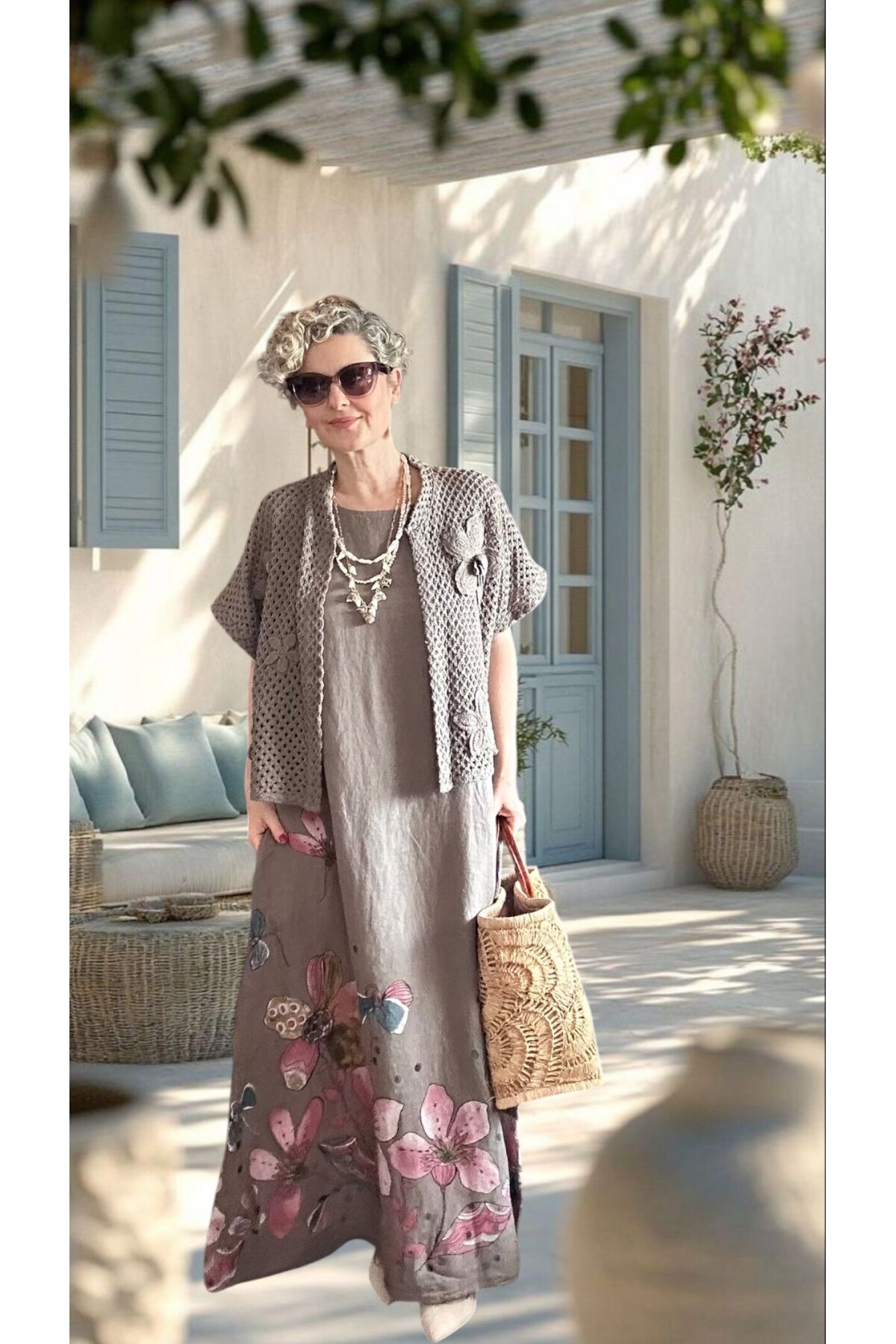 Villa İthal %100 Keten Elbise & Örgü Hırka Takım Fango