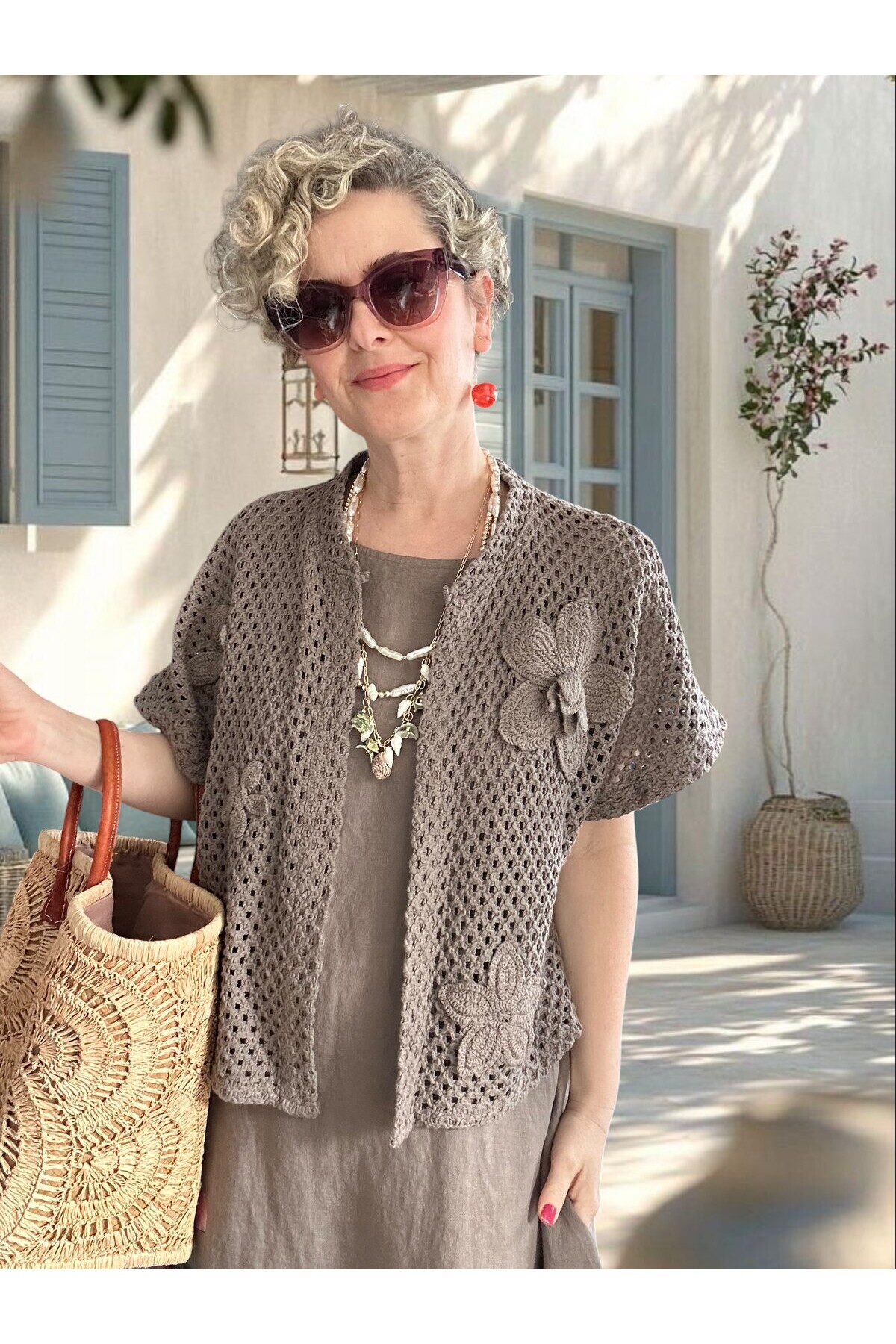 Villa İthal %100 Keten Elbise & Örgü Hırka Takım Fango