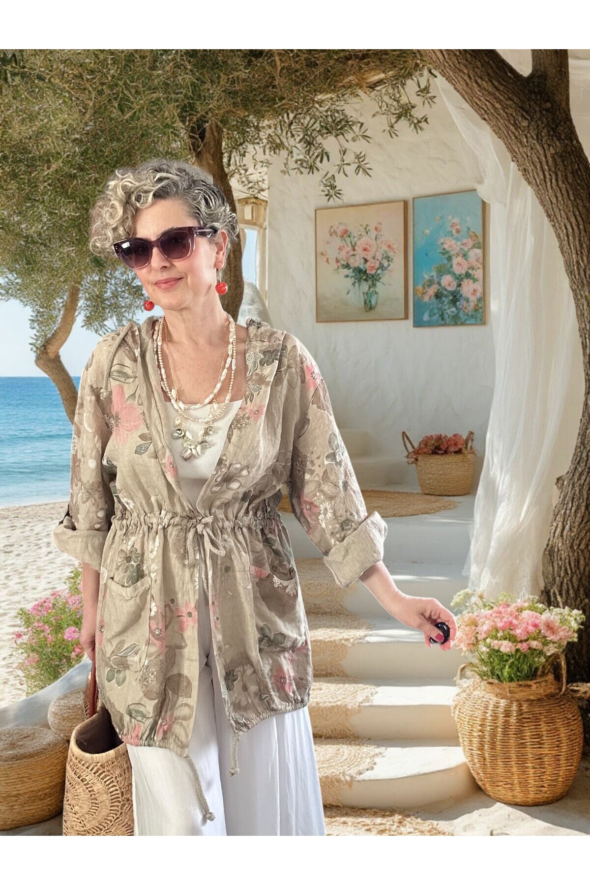 Vinci %100 Linen Kapüşonlu Çiçek Desenli Tasarım Ceket Beige