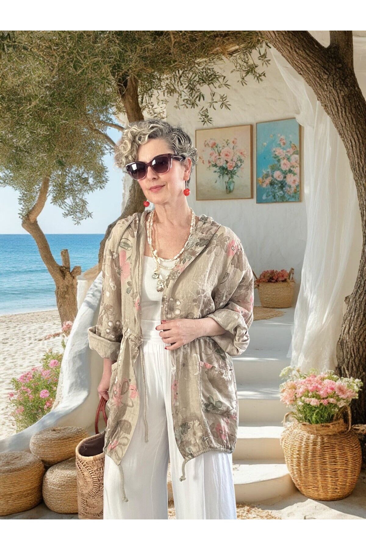 Vinci %100 Linen Kapüşonlu Çiçek Desenli Tasarım Ceket Beige