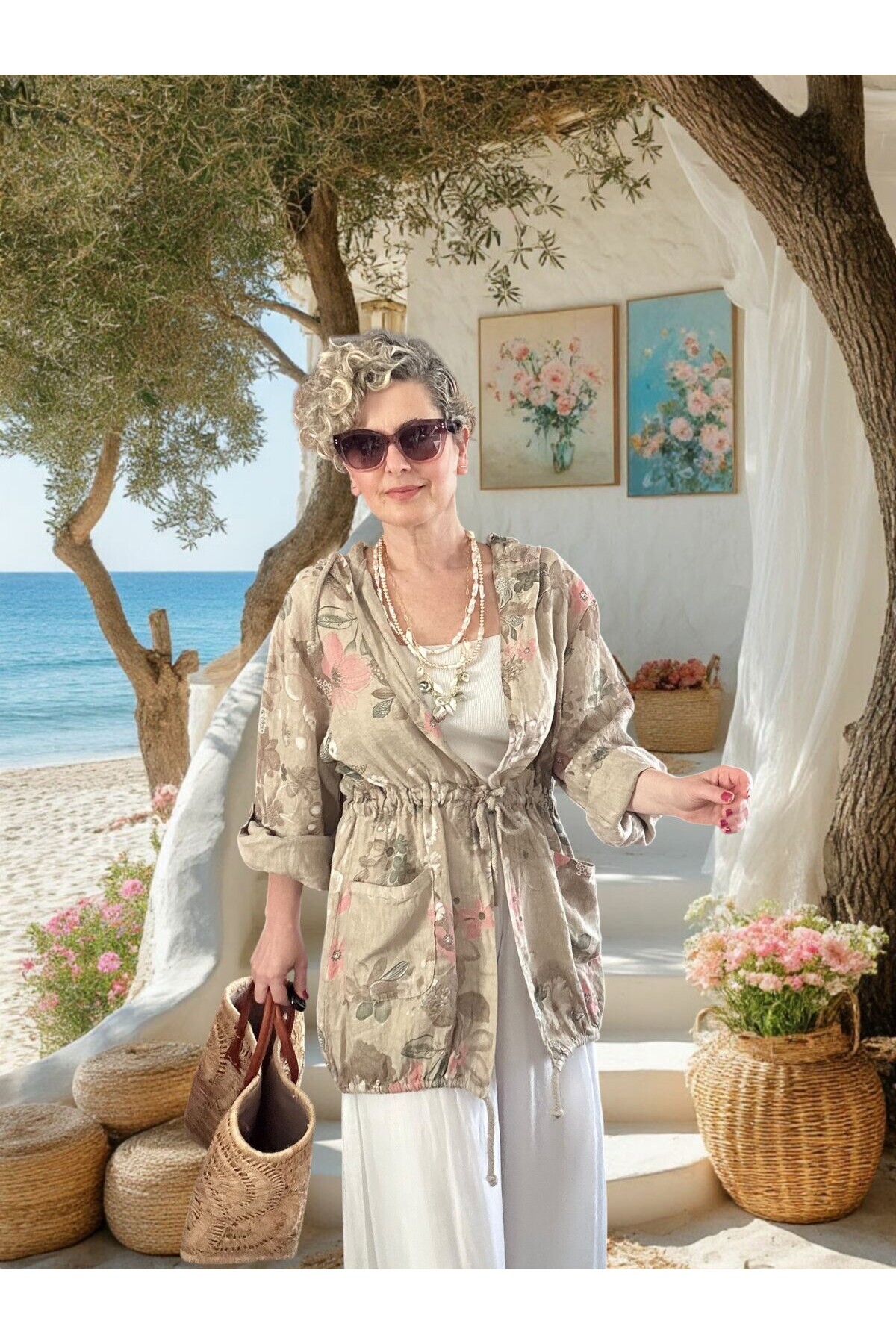 Vinci %100 Linen Kapüşonlu Çiçek Desenli Tasarım Ceket Beige