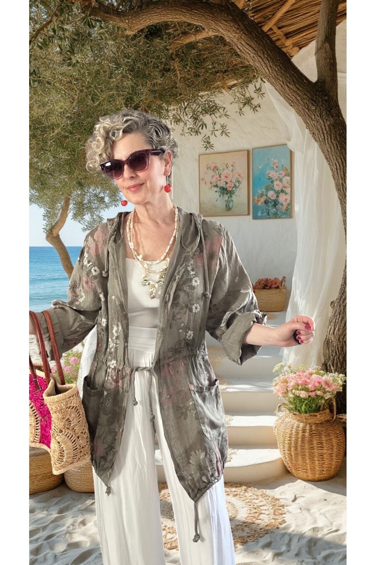 Vinci %100 Linen Kapüşonlu Çiçek Desenli Tasarım Ceket Fango