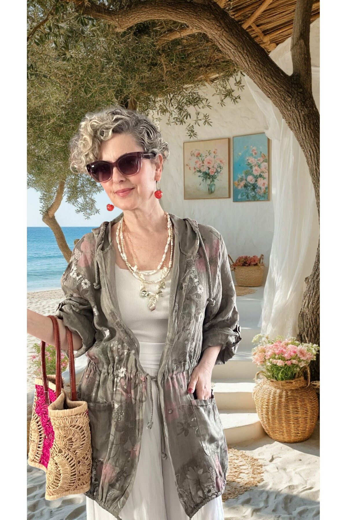 Vinci %100 Linen Kapüşonlu Çiçek Desenli Tasarım Ceket Fango