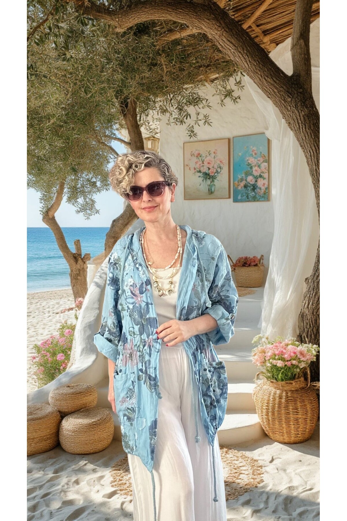 Vinci %100 Linen Kapüşonlu Çiçek Desenli Tasarım Ceket Mavi