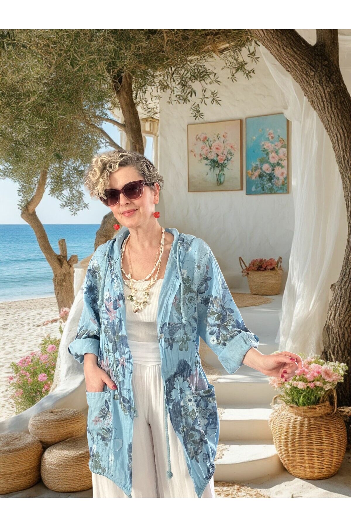 Vinci %100 Linen Kapüşonlu Çiçek Desenli Tasarım Ceket Mavi