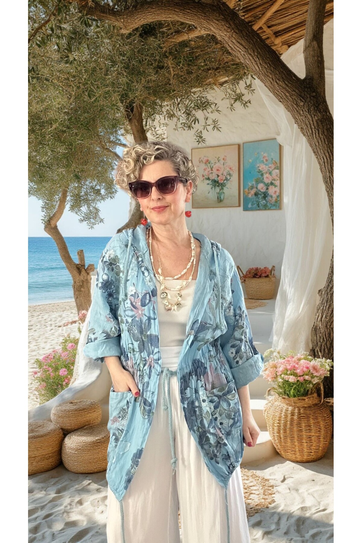 Vinci %100 Linen Kapüşonlu Çiçek Desenli Tasarım Ceket Mavi