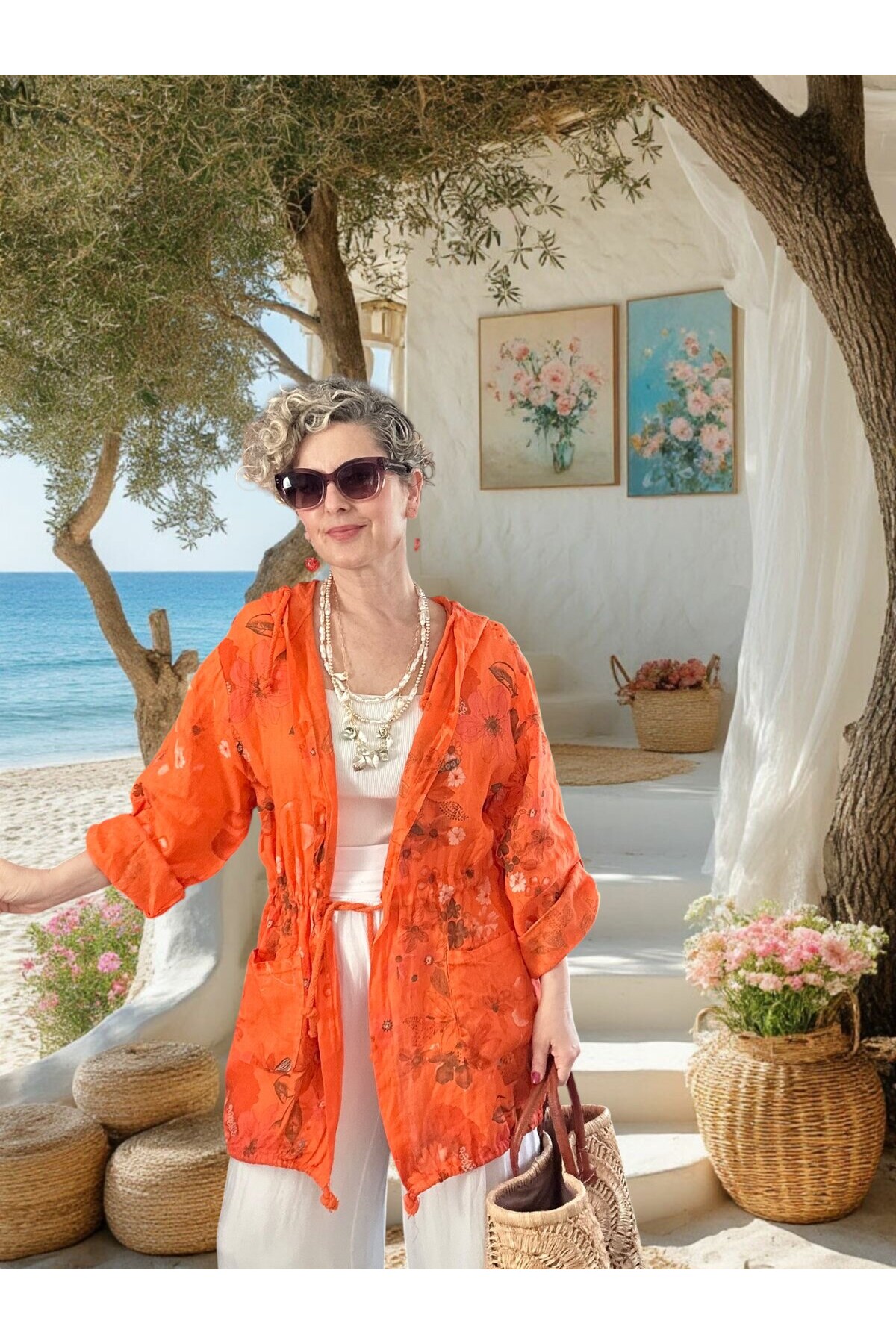 Vinci %100 Linen Kapüşonlu Çiçek Desenli Tasarım Ceket Turuncu