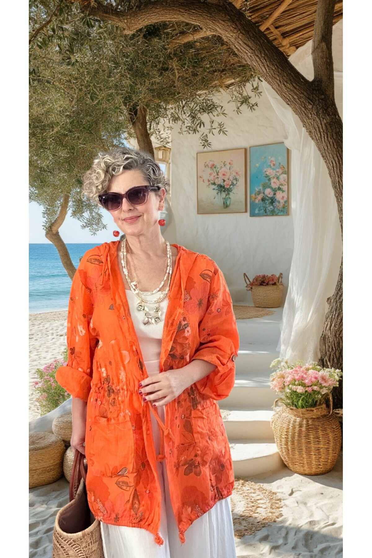 Vinci %100 Linen Kapüşonlu Çiçek Desenli Tasarım Ceket Turuncu