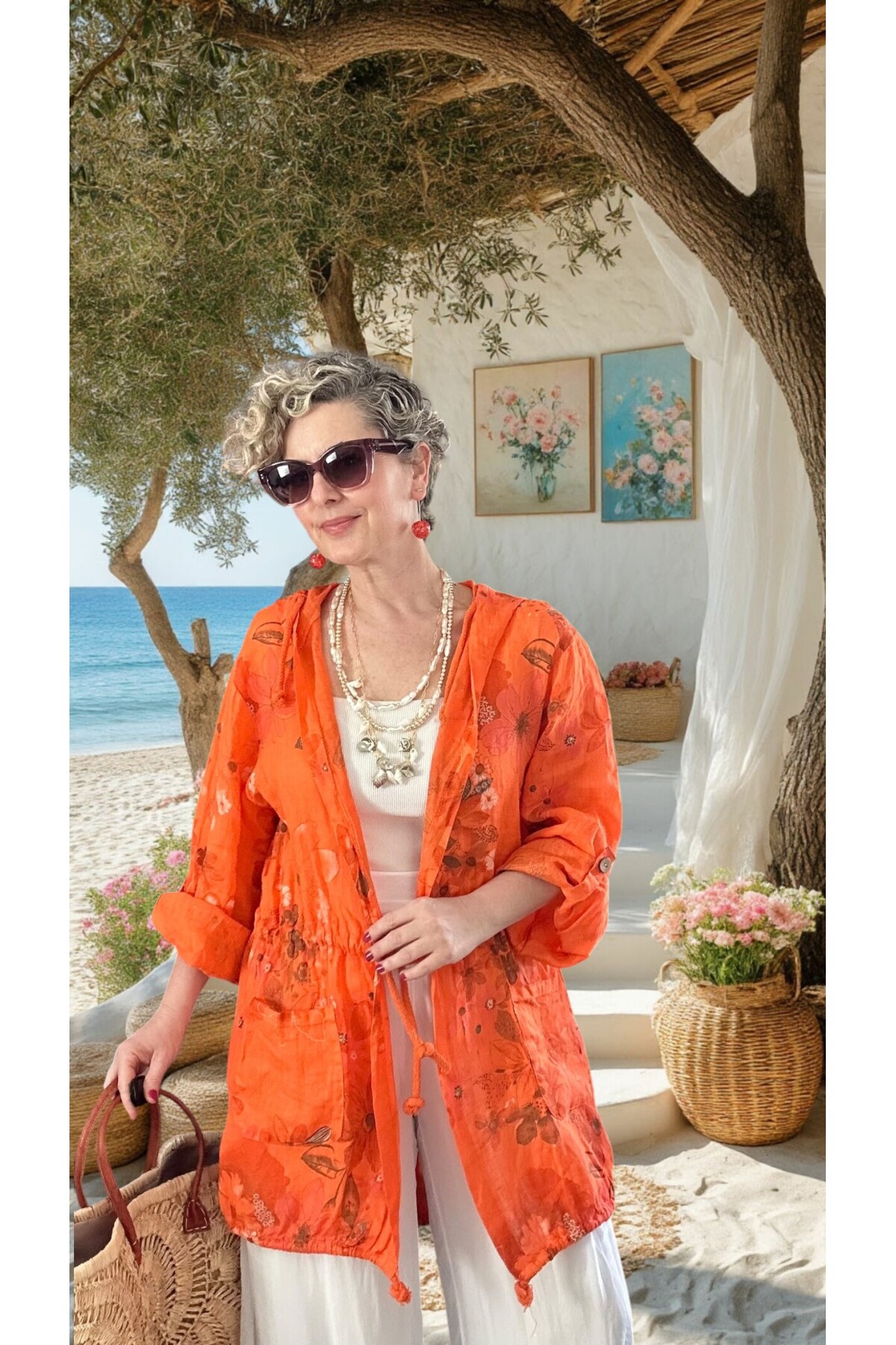 Vinci %100 Linen Kapüşonlu Çiçek Desenli Tasarım Ceket Turuncu