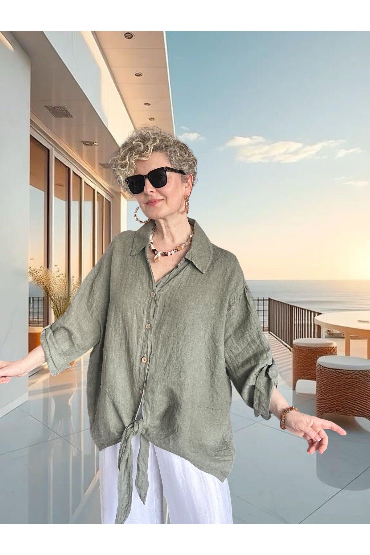 Viva Önü Bağlamalı İtalyan Kesim Linen Gömlek Haki