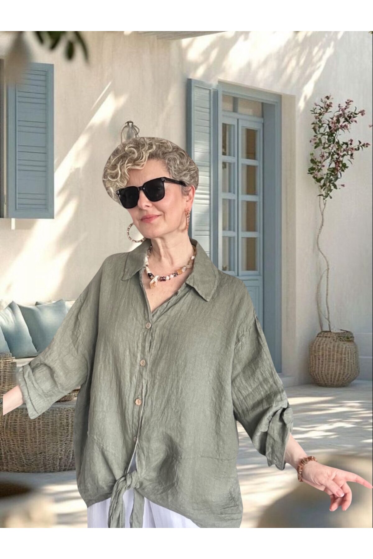 Viva Önü Bağlamalı İtalyan Kesim Linen Gömlek Haki