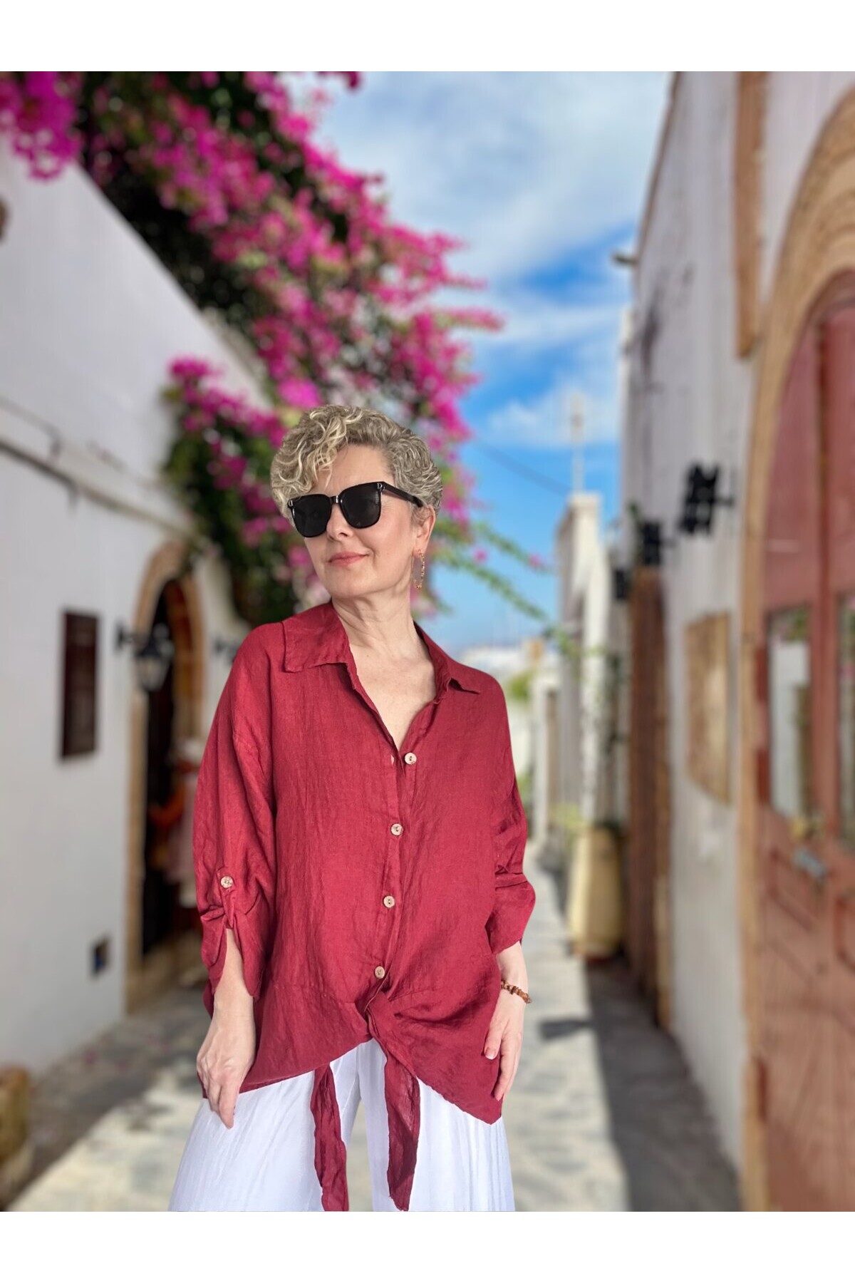 Viva Önü Bağlamalı İtalyan Kesim Linen Gömlek İndian Red