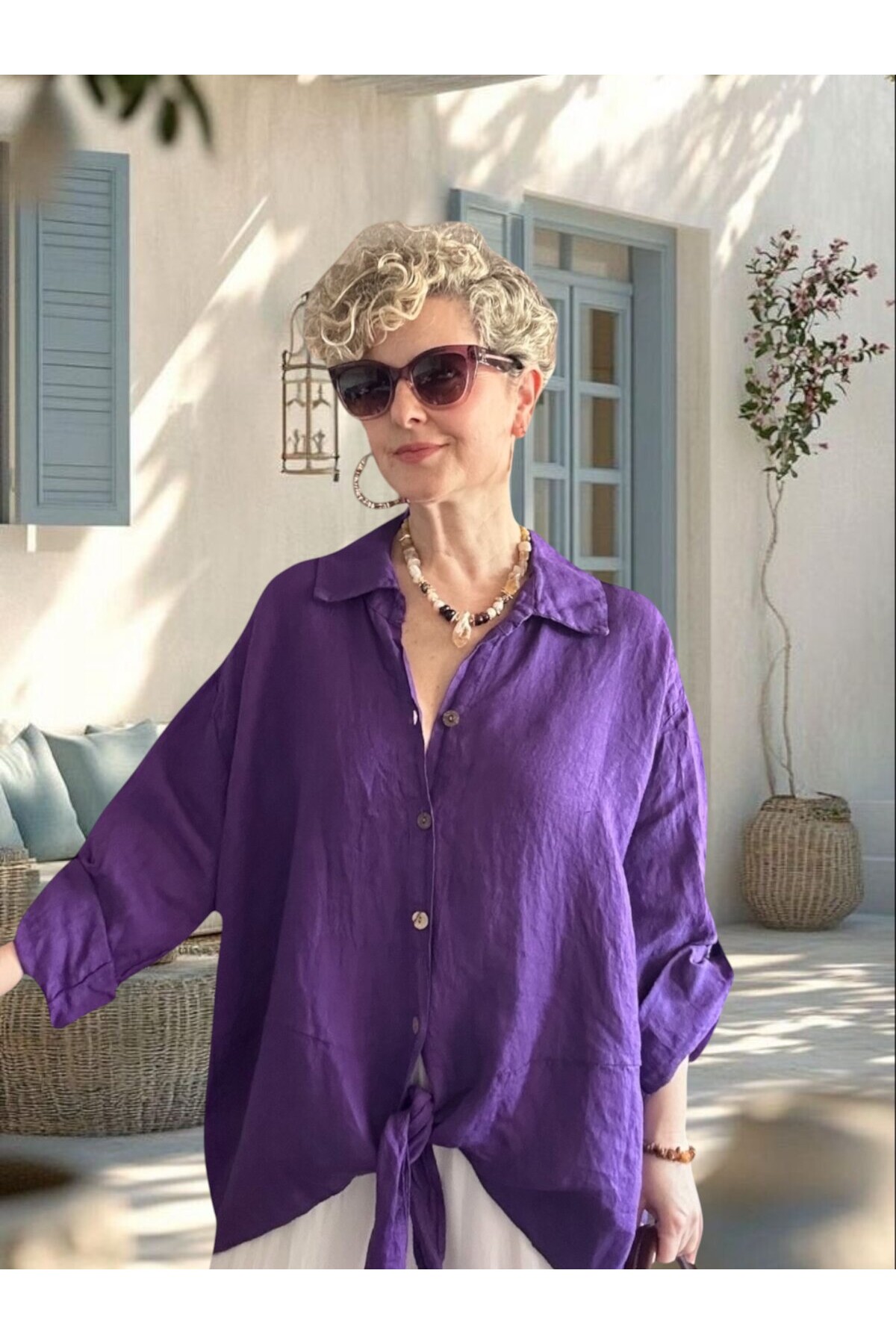 Viva Önü Bağlamalı İtalyan Kesim Linen Gömlek Viola