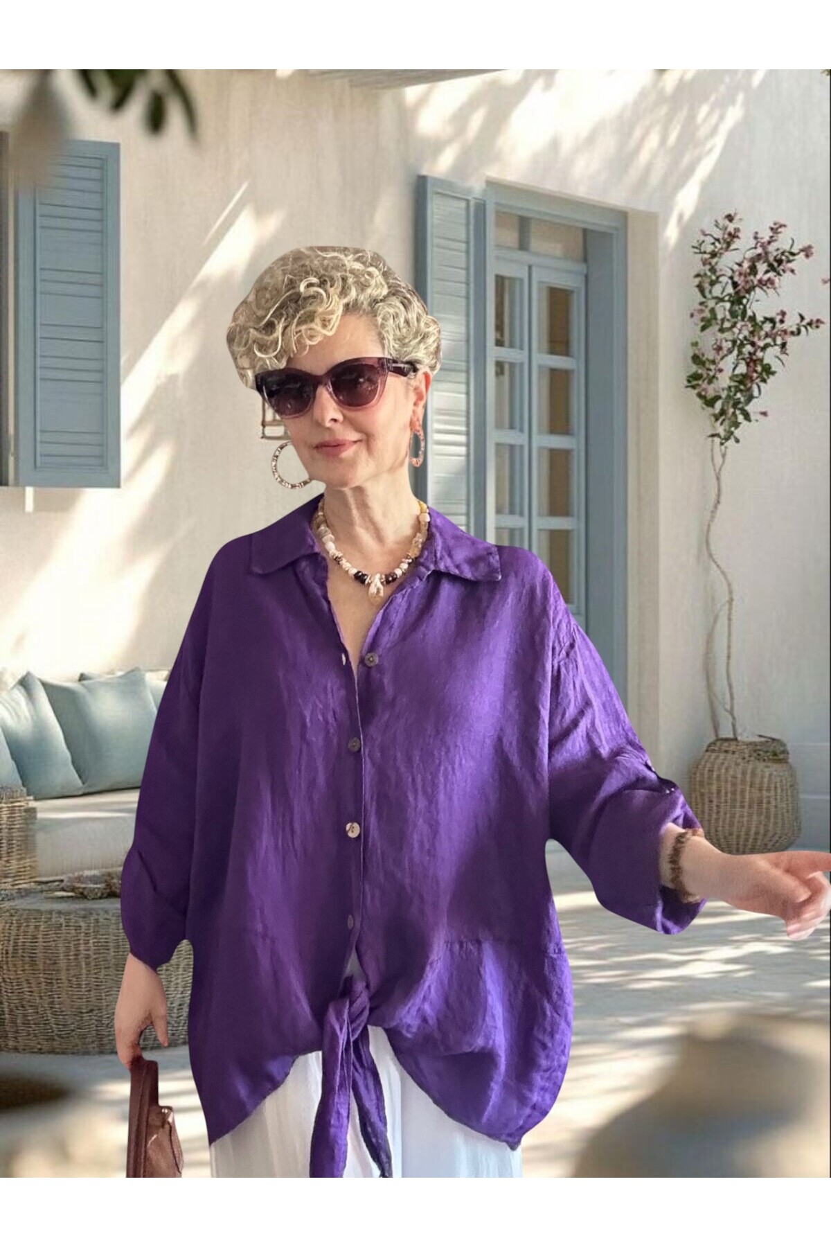 Viva Önü Bağlamalı İtalyan Kesim Linen Gömlek Viola