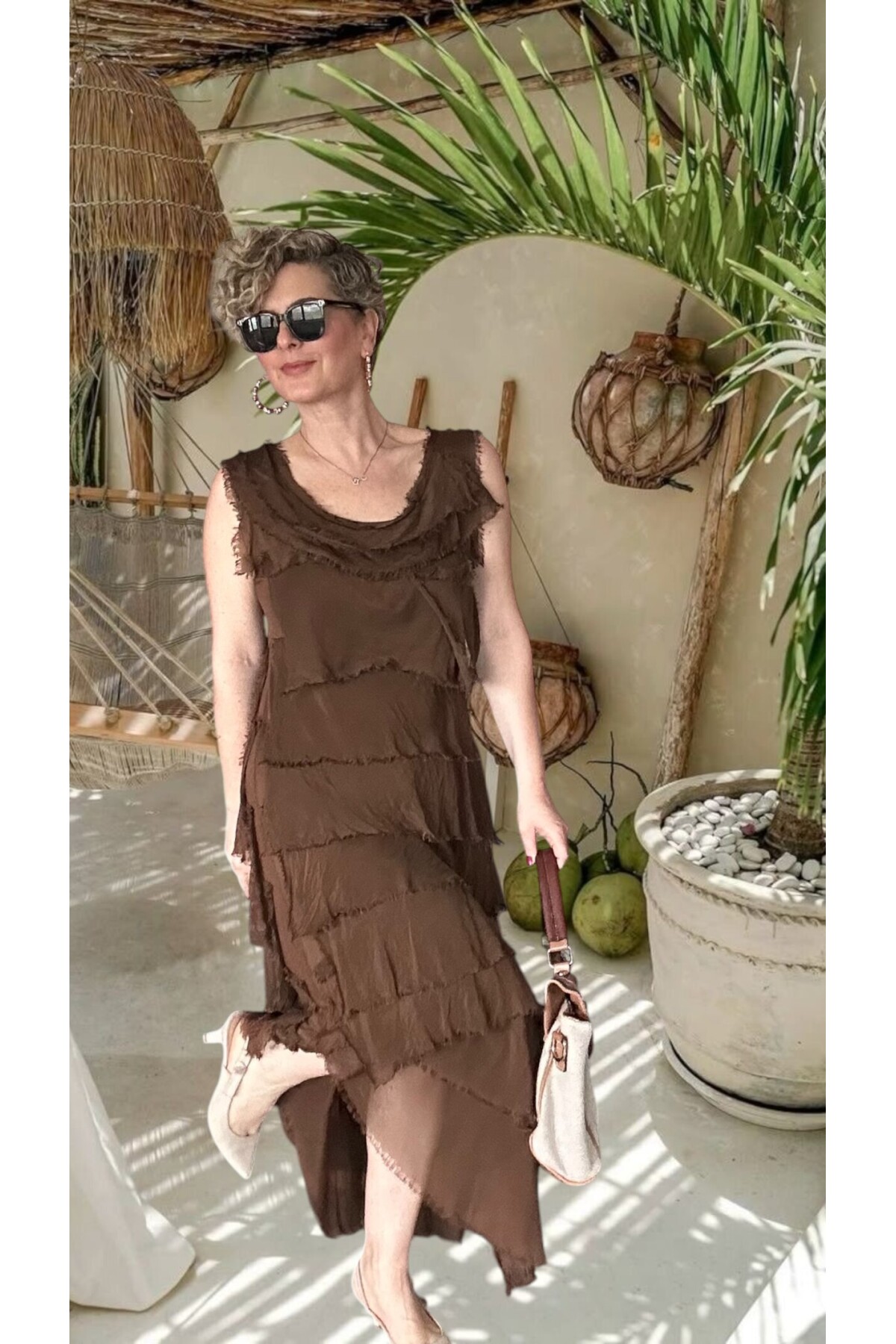 Vivas İthal Katmanlı İpek Tasarım Elbise Açık Kahve