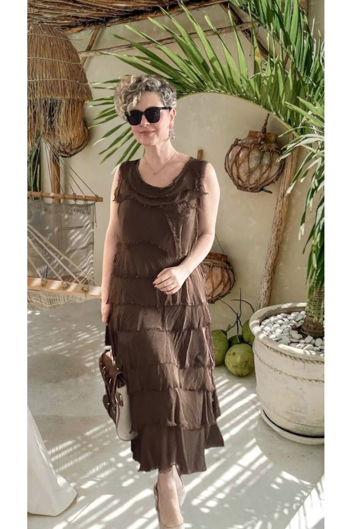 Vivas İthal Katmanlı İpek Tasarım Elbise Açık Kahve