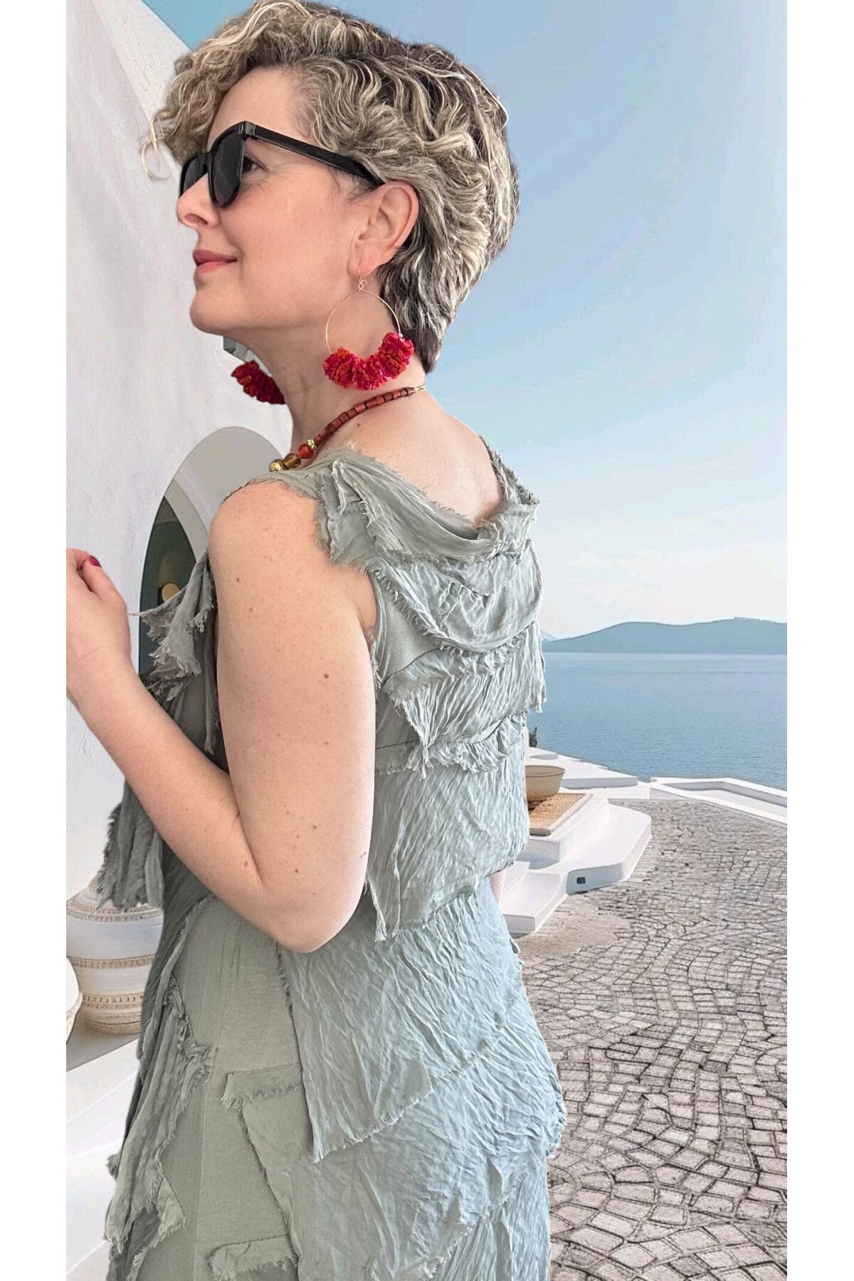 Vivas İthal Katmanlı İpek Tasarım Elbise Adaçayı Yeşili