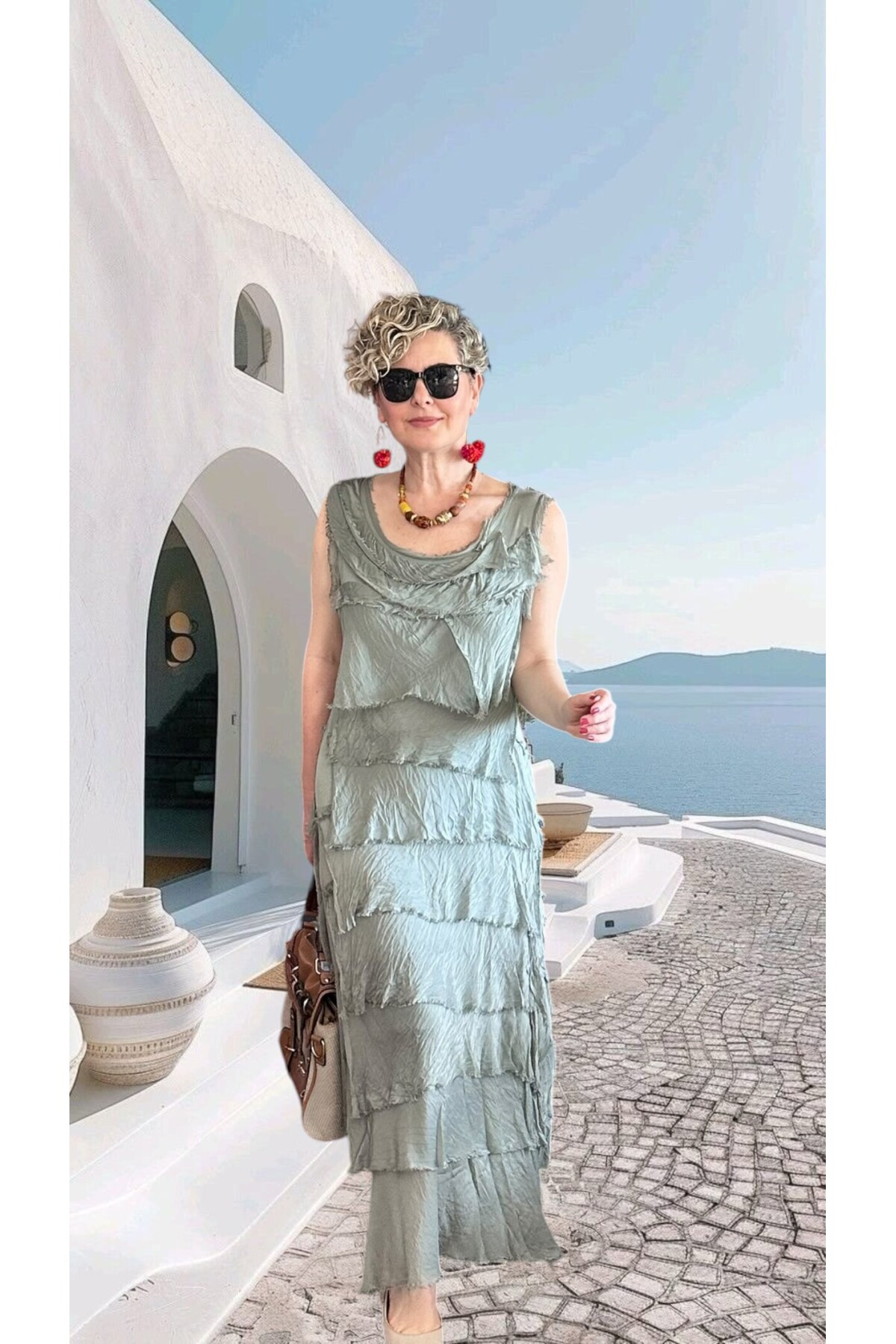 Vivas İthal Katmanlı İpek Tasarım Elbise Adaçayı Yeşili